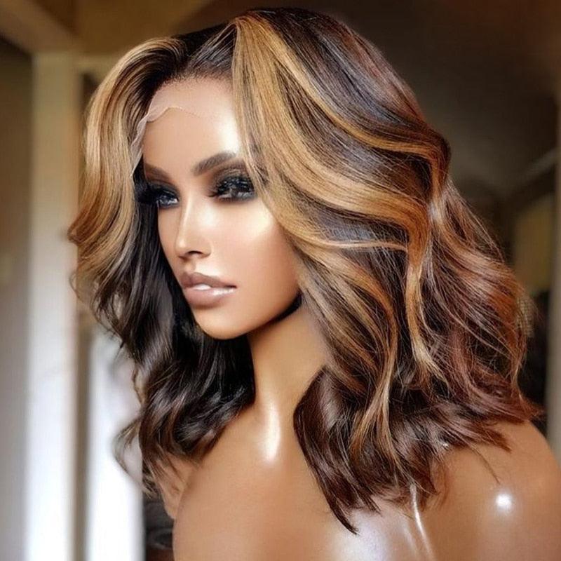 Highlight wig short bob, black-brown with caramel blonde highlights, body wave lace front on Tampa Home & Garden Store