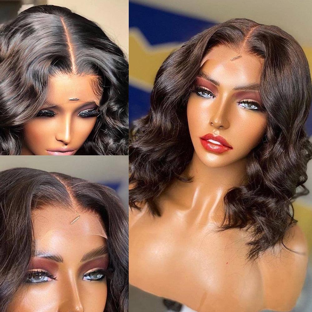 Highlight wig: short dark brown bob with body wave, lace front and baby hairs, collage views on Tampa Home & Garden Store