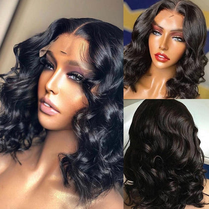 Stevvex lace front body-wave short bob wig in black with baby hairs, 3-view collage on Tampa Home & Garden Store