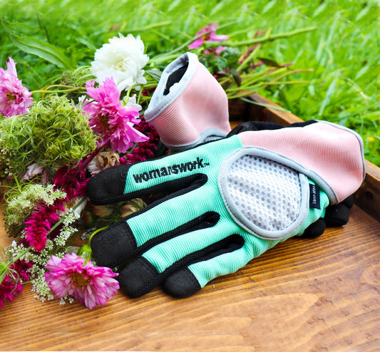 High Performance Gloves Vent-Max by Womanswork, turquoise gloves with mesh and pink cuff on Tampa Home & Garden Store