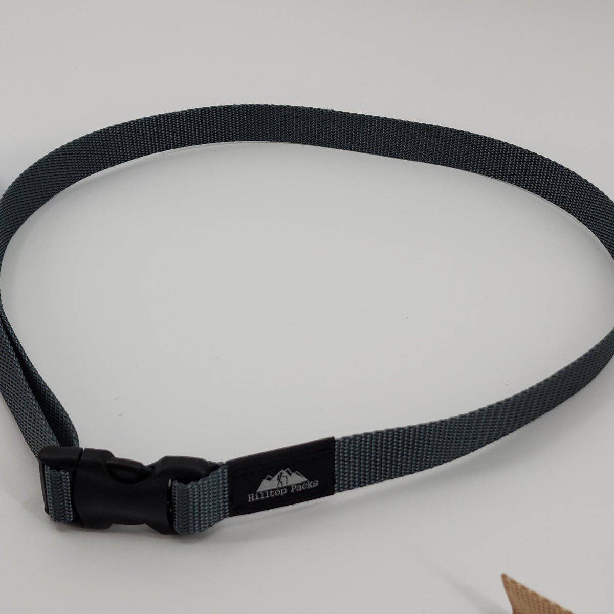 Hiking pants belt ultralight minimalist gray nylon strap with black buckle and Hilltop Packs logo on Tampa Home & Garden Store