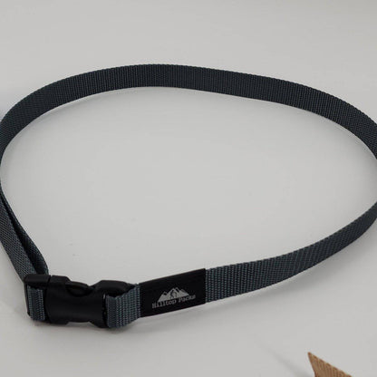 Hiking pants belt ultralight minimalist gray nylon strap with black buckle and Hilltop Packs logo on Tampa Home & Garden Store