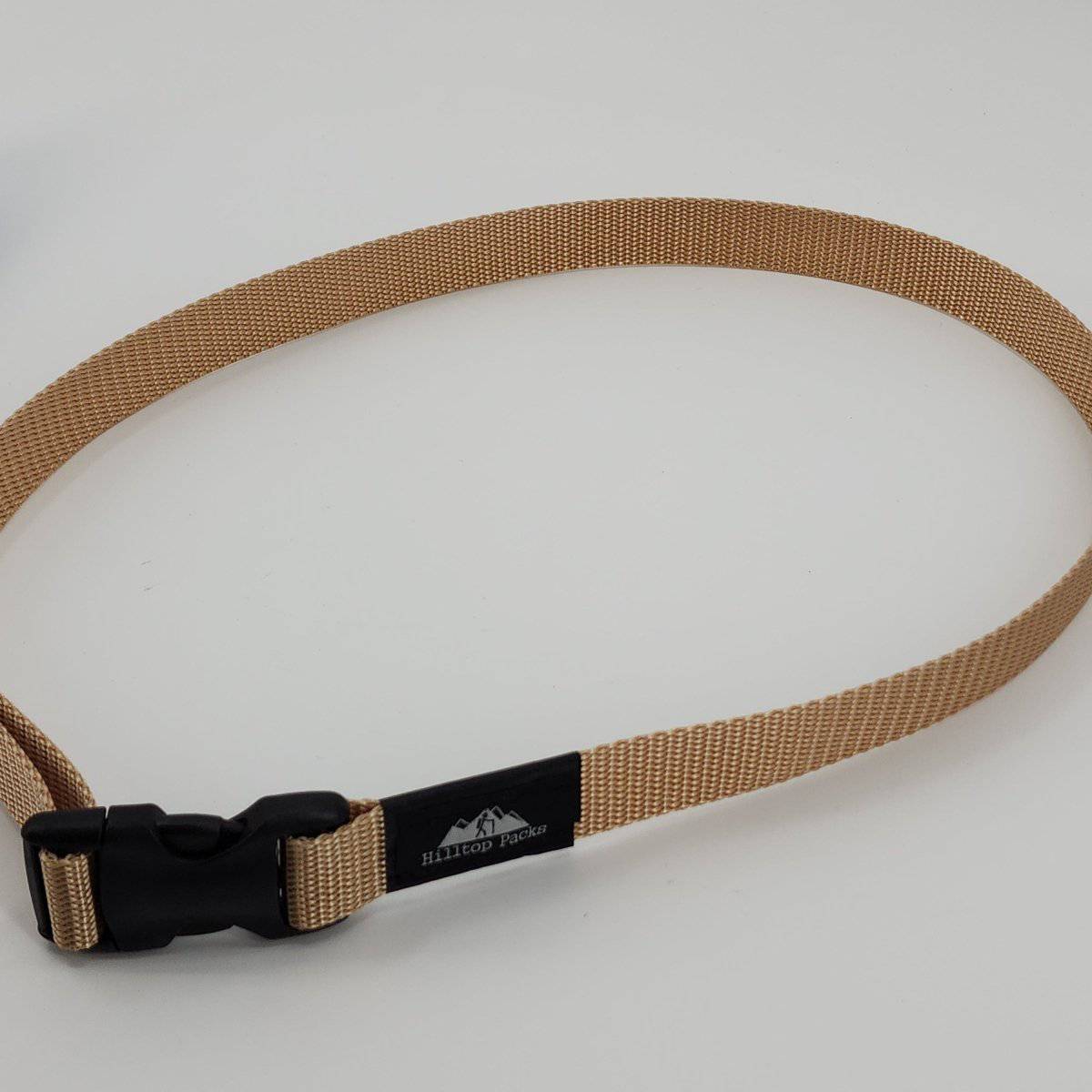 Tan hiking belt with nylon webbing, black side-release buckle, Hilltop Packs logo on Tampa Home & Garden Store