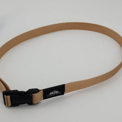 Tan hiking belt with nylon webbing, black side-release buckle, Hilltop Packs logo on Tampa Home & Garden Store