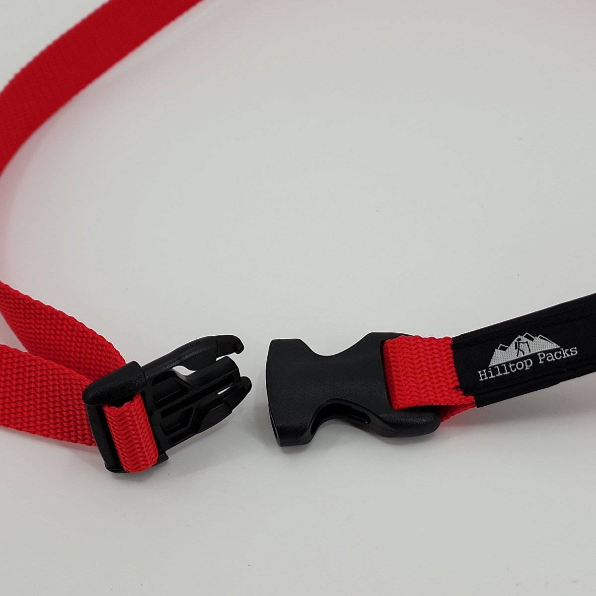 Hiking pants belt red ultralight nylon with black plastic buckle and Hilltop Packs LLC logo on Tampa Home & Garden Store