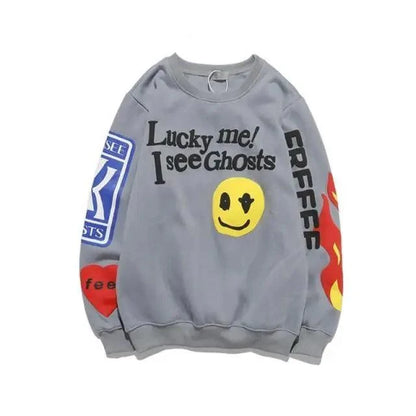 Stevvex gray graphic sweatshirt with Lucky me I see Ghosts, smiley, blue patch sleeve on Tampa Home & Garden Store