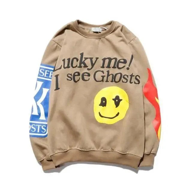 Stevvex hip-hop printed sweatshirt Ghosts text, yellow smiley, blue sleeve patch, unisex on Tampa Home & Garden Store