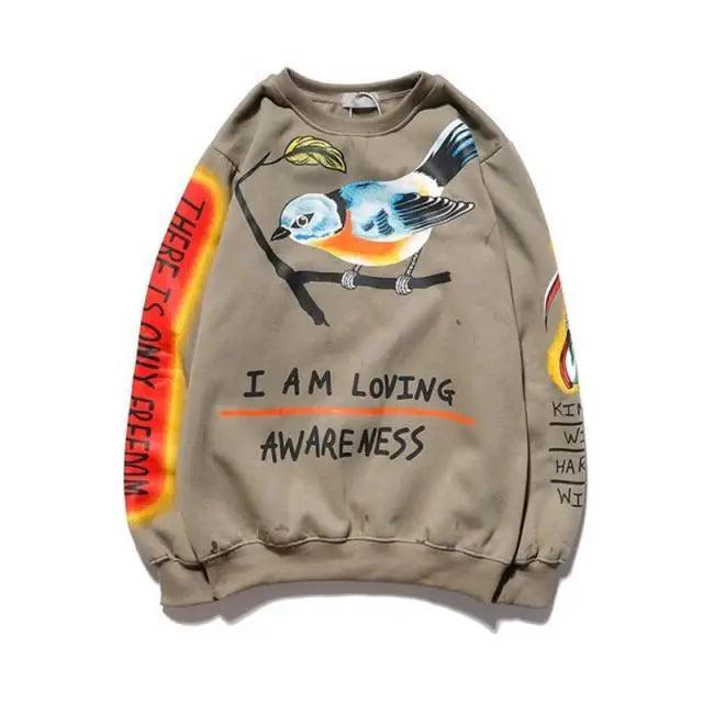 Stevvex hip-hop printed sweatshirt beige with bird graphic and I AM LOVING AWARENESS text on Tampa Home & Garden Store