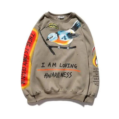 Stevvex hip-hop printed sweatshirt beige with bird graphic and I AM LOVING AWARENESS text on Tampa Home & Garden Store