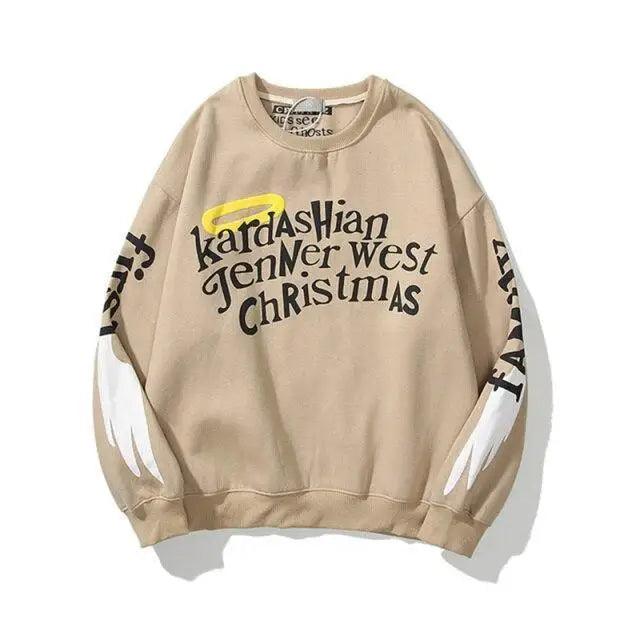 Stevvex beige hip-hop printed sweatshirt with curved chest text and white wing sleeves on Tampa Home & Garden Store