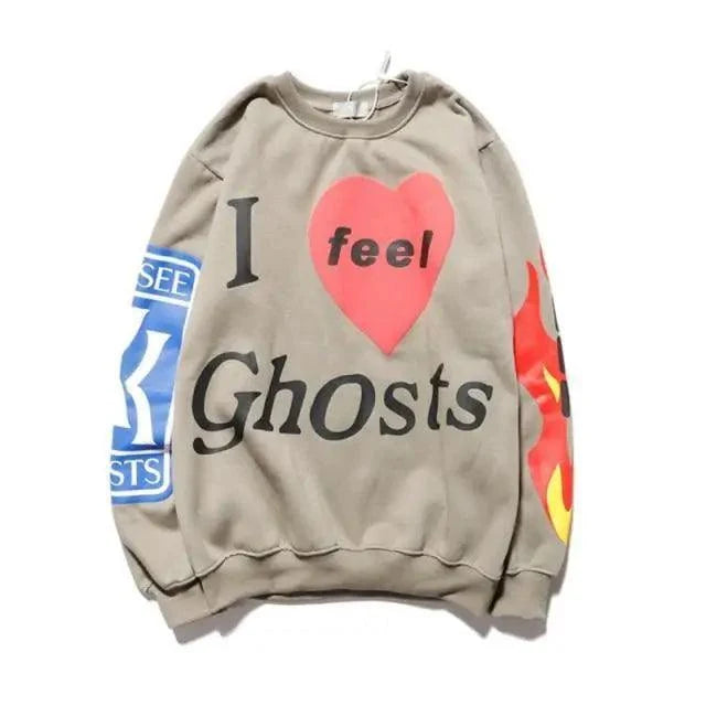 Stevvex beige sweatshirt I feel Ghosts graphic with pink heart blue sleeve patch streetwear on Tampa Home & Garden Store