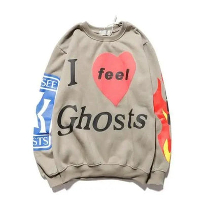 Stevvex beige sweatshirt I feel Ghosts graphic with pink heart blue sleeve patch streetwear on Tampa Home & Garden Store