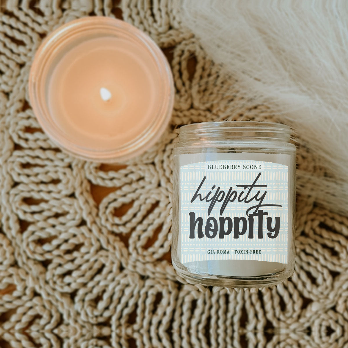 Candle Blueberry Scone Gia Roma in a clear glass jar with a blue patterned label on a woven backdrop on Tampa Home & Garden Store