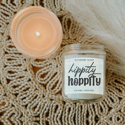 Candle Blueberry Scone Gia Roma in a clear glass jar with a blue patterned label on a woven backdrop on Tampa Home & Garden Store