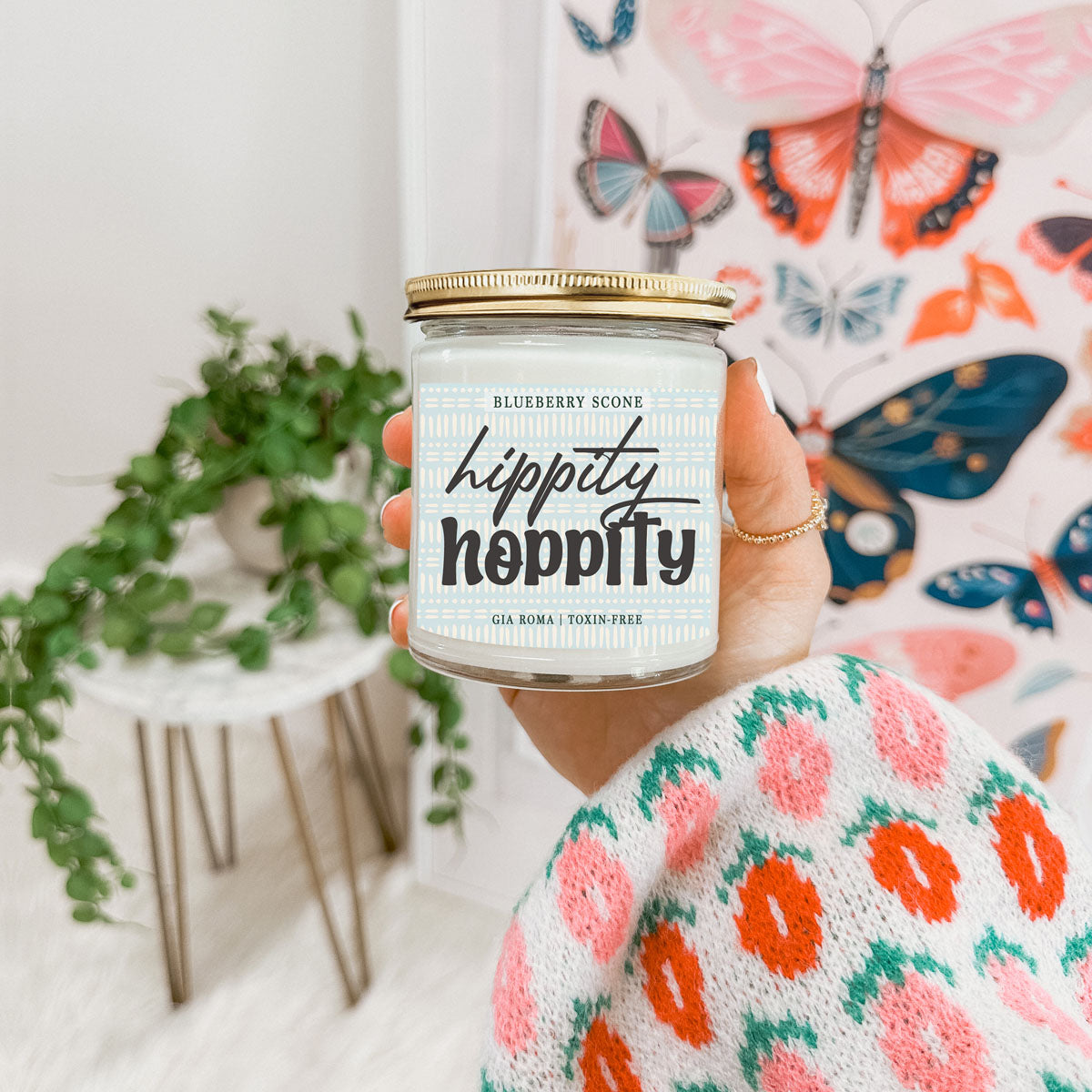 Blueberry Scone Candle by Gia Roma in a glass jar with a gold lid and light blue label on Tampa Home & Garden Store