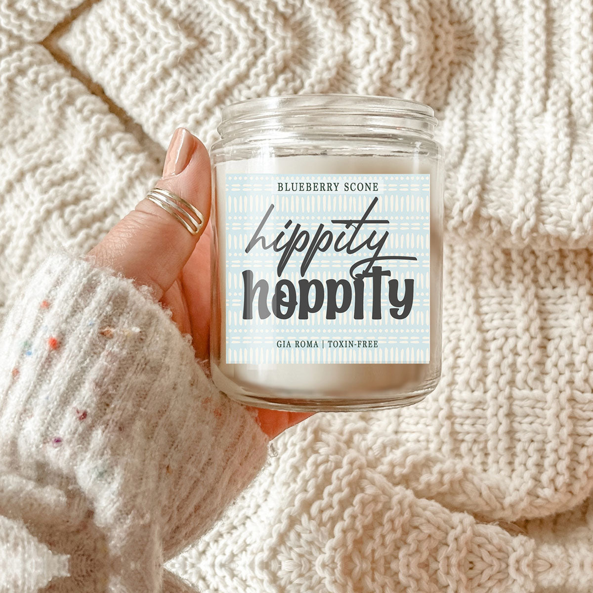 Blueberry Scone candle Gia Roma in a clear glass jar with light blue patterned label on Tampa Home & Garden Store
