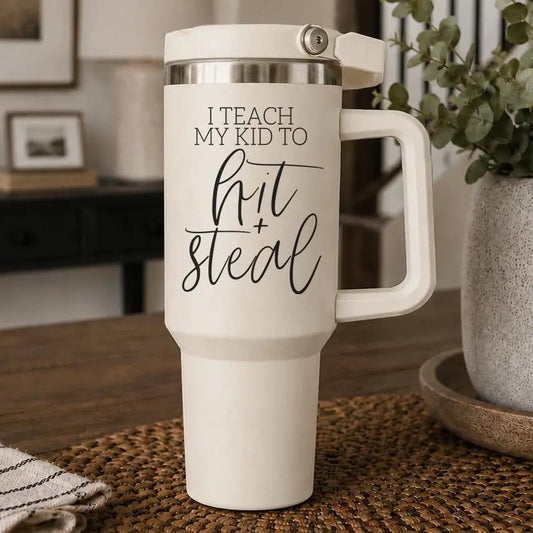 Gia Roma Hit & Steal 40oz travel mug tumbler with white finish, handle, and metal lid on Tampa Home & Garden Store