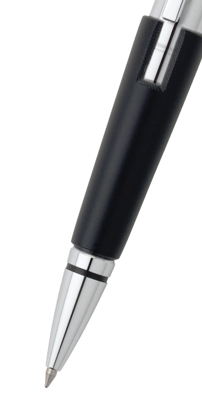 Edge Jet Black Gel Rollerball Pen by A.T. Cross with black matte barrel and chrome tip on Tampa Home & Garden Store