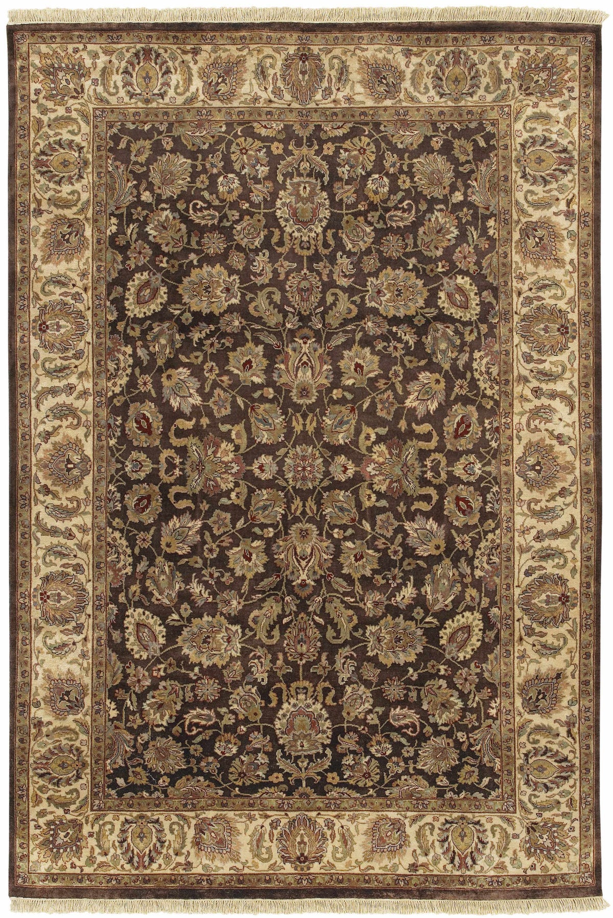 Hillisburg Premium Wool Carpet rug with dark brown field and beige floral border fringe on Tampa Home & Garden Store