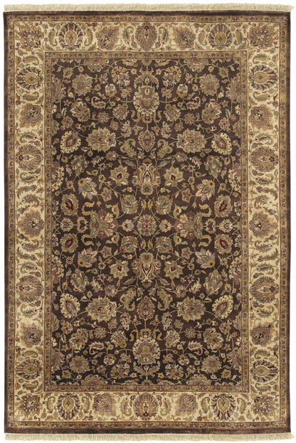 Hillisburg Premium Wool Carpet rug with dark brown field and beige floral border fringe on Tampa Home & Garden Store