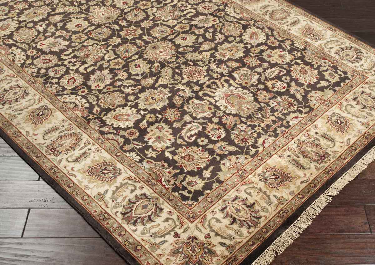 Boutique Rugs Hillisburg Premium Wool Rug, dark brown field with ivory border on Tampa Home & Garden Store