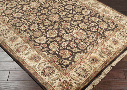 Boutique Rugs Hillisburg Premium Wool Rug, dark brown field with ivory border on Tampa Home & Garden Store