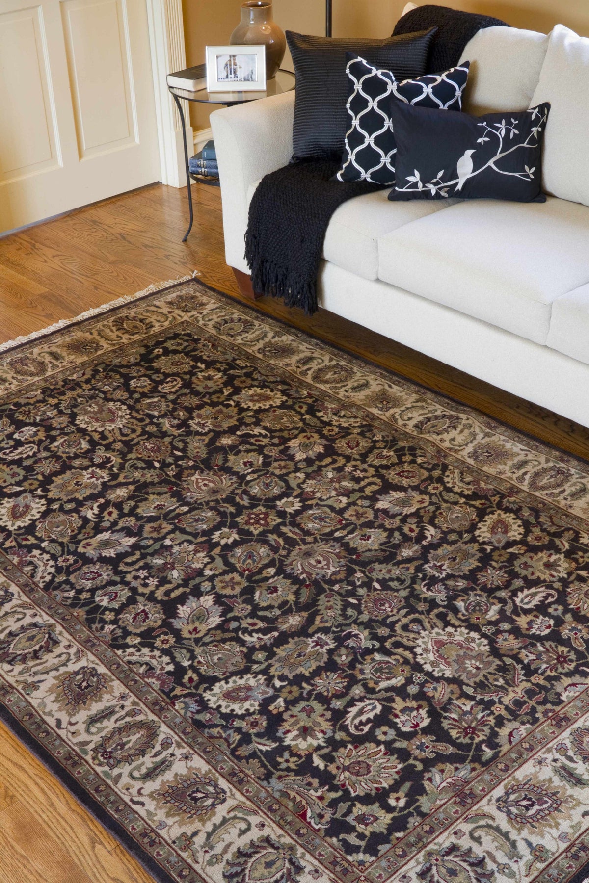 Rug Hillisburg Premium Wool Carpet from Boutique Rugs, dark oriental rug with beige border on Tampa Home & Garden Store