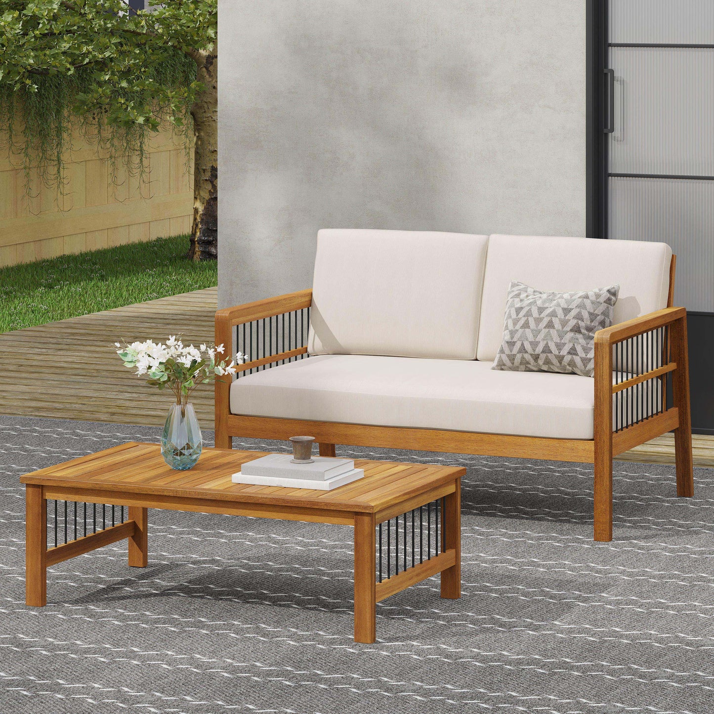 Outdoor Acacia Wood Loveseat and Coffee Table Set