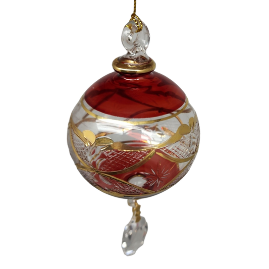 Etched Blown Glass Ball with Crystal Dangle - Red - Tampa Home & Garden Store