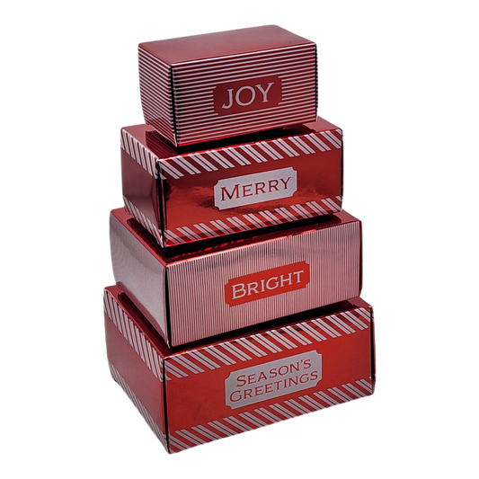 4-Piece red interlocking gift boxes stack with JOY, MERRY, BRIGHT and SEASON'S GREETINGS labels on Tampa Home & Garden Store