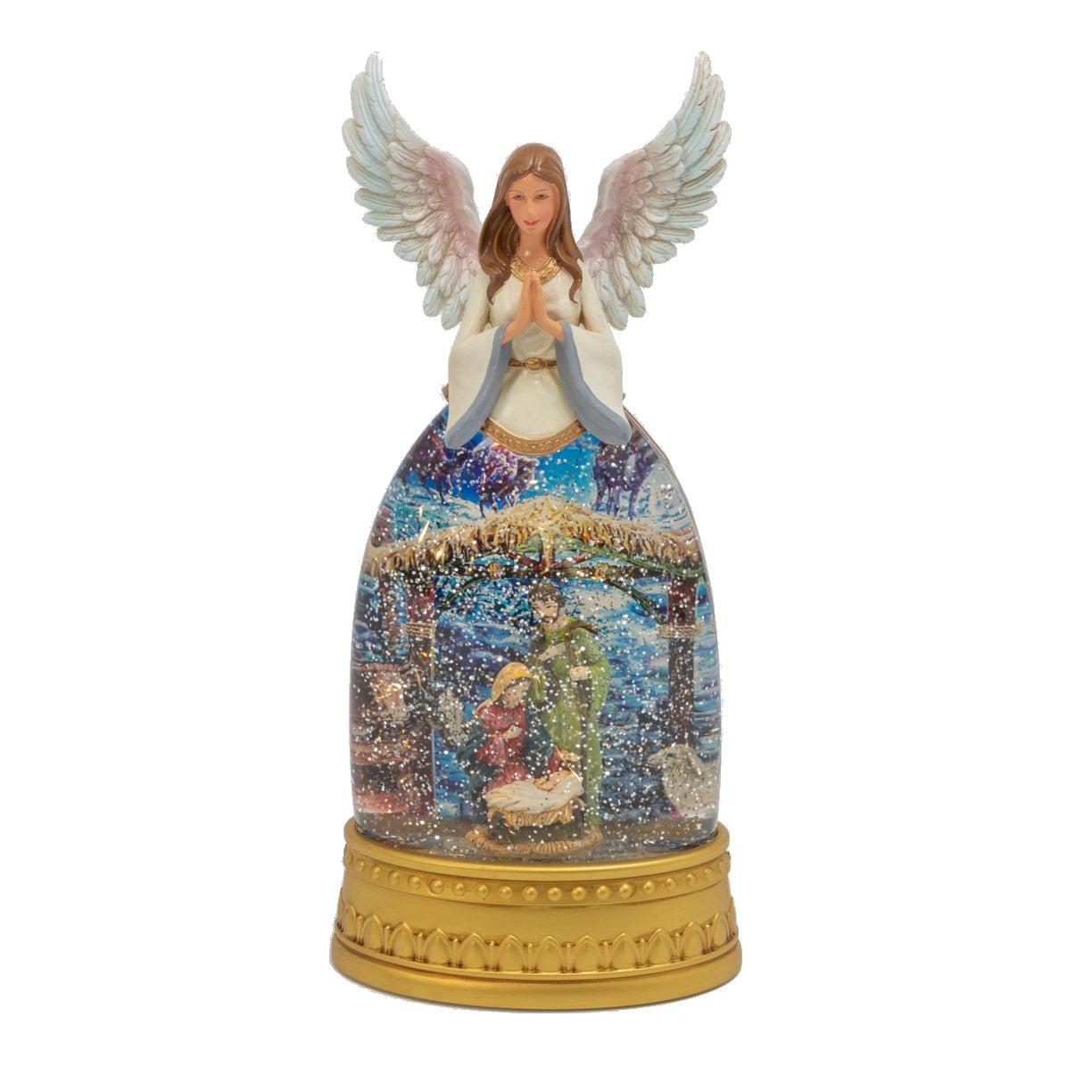 12 Inch lighted spinning water globe nativity; angel atop gold base Country Christmas Loft on Tampa Home & Garden Store
