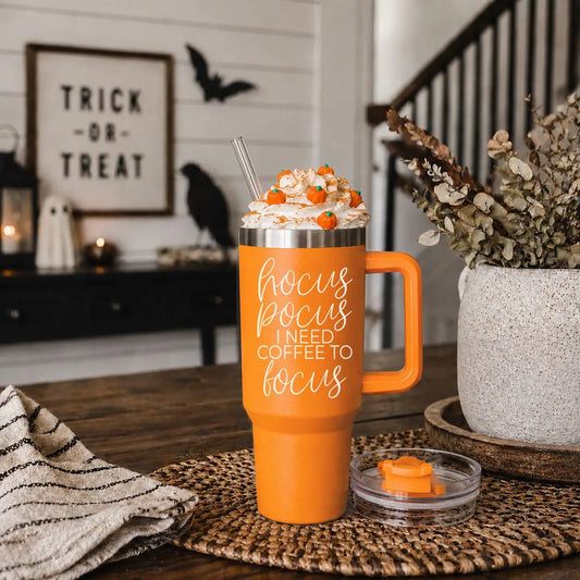 Hocus Pocus 40oz orange tumbler Gia Roma with white script on Tampa Home & Garden Store