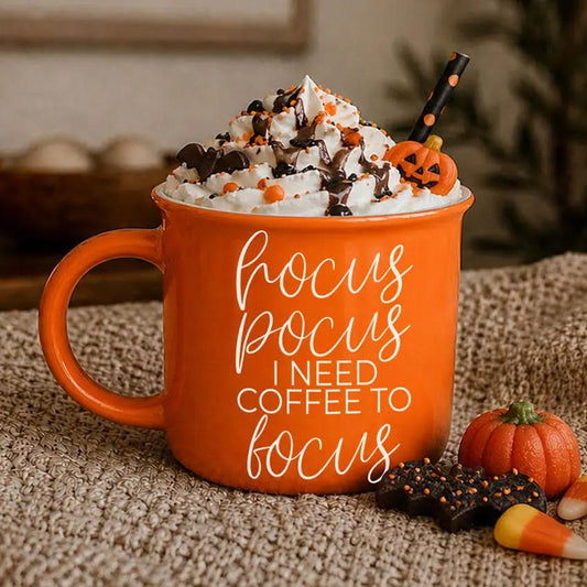 Hocus Pocus coffee mug orange ceramic Gia Roma with white script and whipped topping on Tampa Home & Garden Store