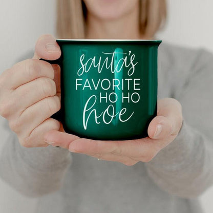 Ho Ho Hoe mug by Gia Roma, green ceramic coffee mug with Santa's Favorite Ho Ho Hoe text on Tampa Home & Garden Store