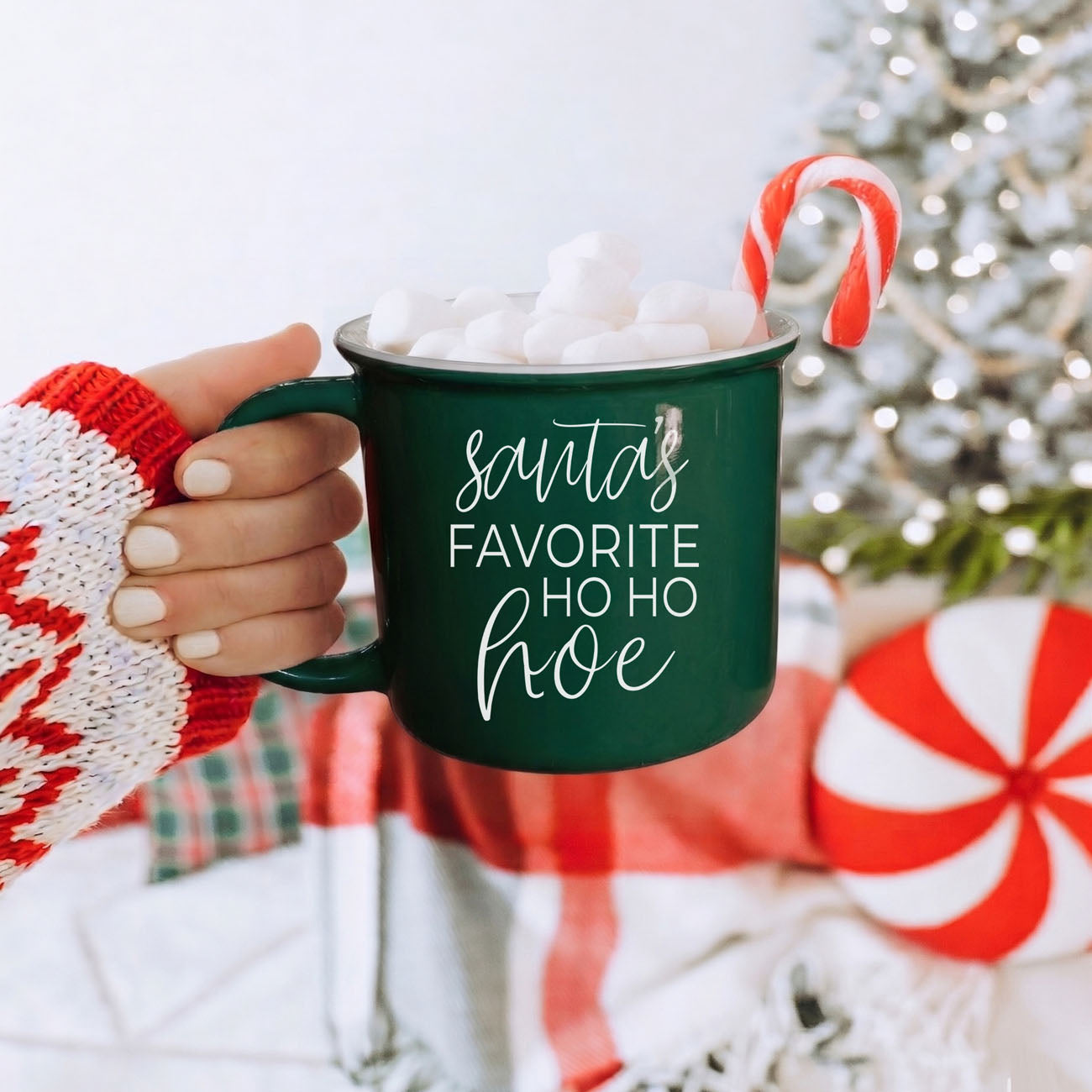 Ho Ho Hoe Mug by Gia Roma, green ceramic coffee mug with marshmallows and candy cane on Tampa Home & Garden Store
