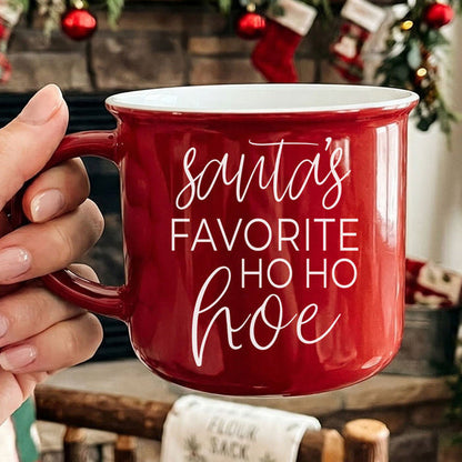 Ho Ho Hoe mug Gia Roma red ceramic coffee mug with white script Santa's Favorite on Tampa Home & Garden Store