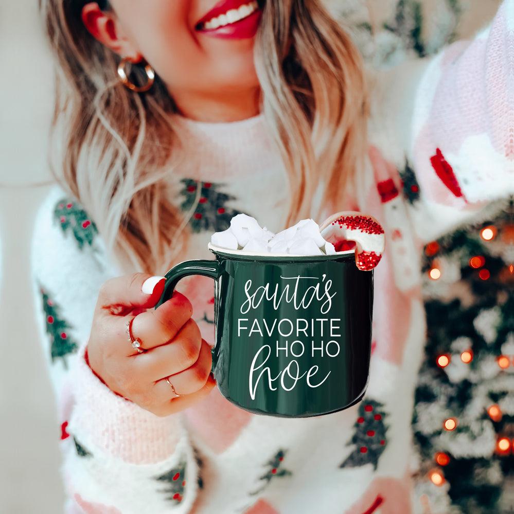 Ho Ho Hoe Mug Gia Roma green ceramic coffee mug with white script topped with marshmallows on Tampa Home & Garden Store