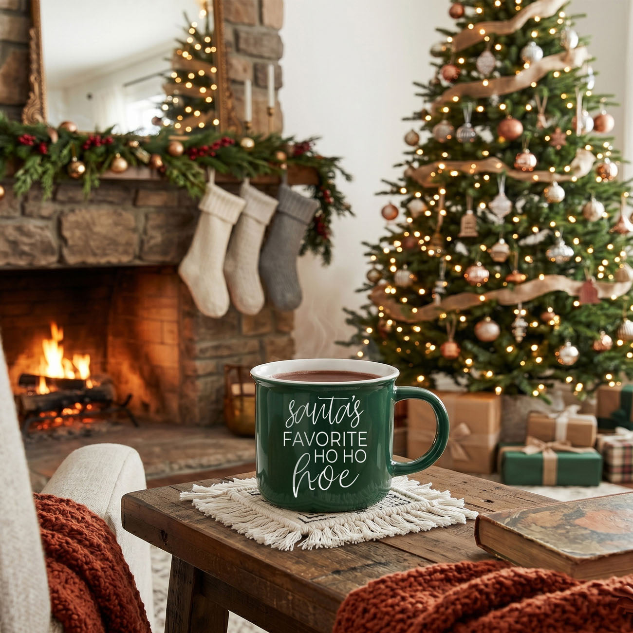 Gia Roma Ho Ho Hoe Mug, green ceramic coffee mug on rustic wooden table with Christmas tree on Tampa Home & Garden Store