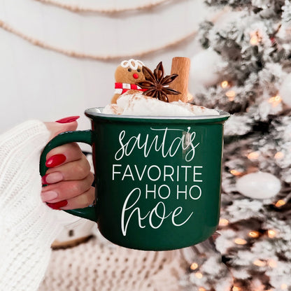 Gia Roma Ho Ho Hoe mug in dark green with whipped cream and cinnamon stick on Tampa Home & Garden Store