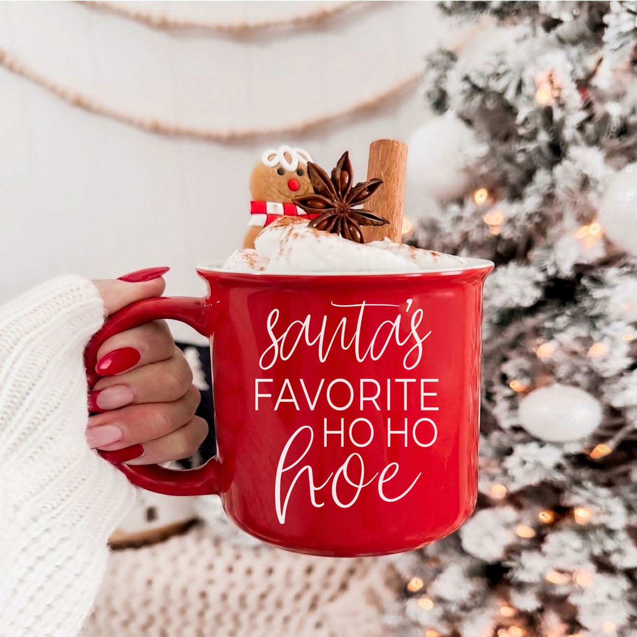 Ho Ho Hoe Mug red ceramic coffee mug with white script Santa's Favorite Ho Ho Hoe on Tampa Home & Garden Store