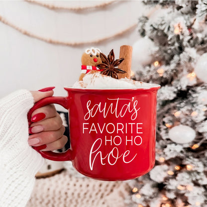 Ho Ho Hoe Mug red ceramic coffee mug with white script Santa's Favorite Ho Ho Hoe on Tampa Home & Garden Store