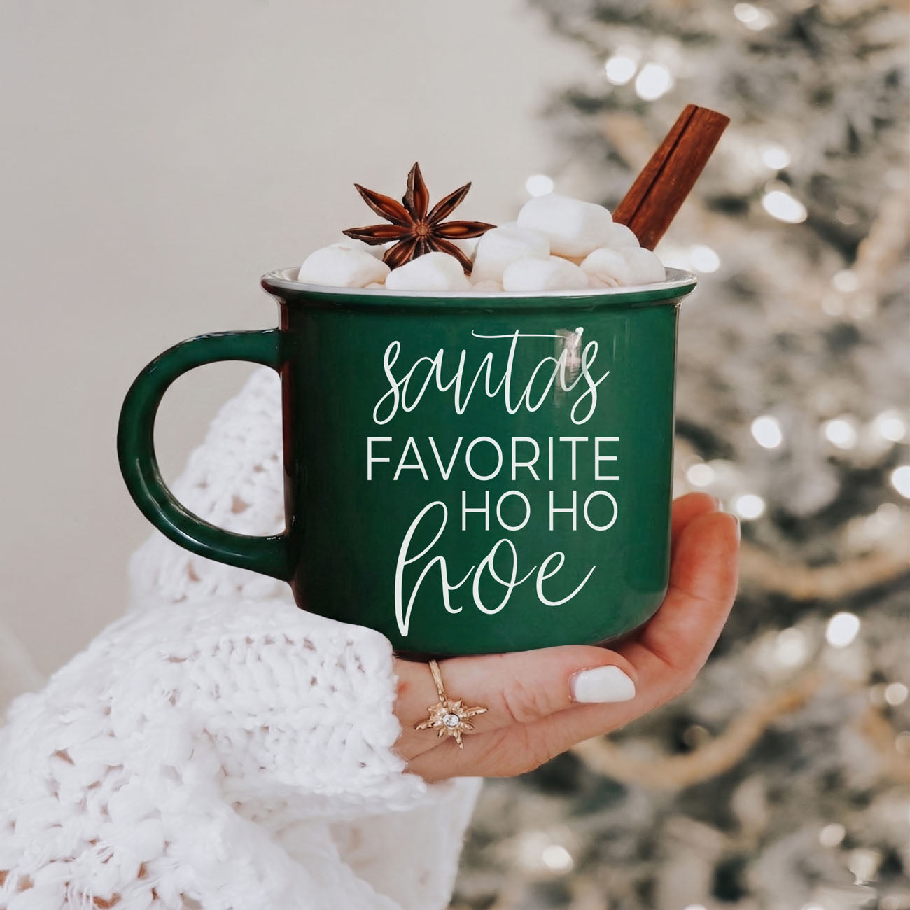 Gia Roma Ho Ho Hoe mug green ceramic coffee mug with cinnamon stick and marshmallows on Tampa Home & Garden Store