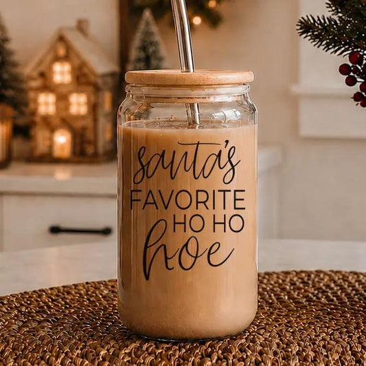 Ho Ho Hoe 17oz glass cup by Gia Roma with wood lid and metal straw on Tampa Home & Garden Store