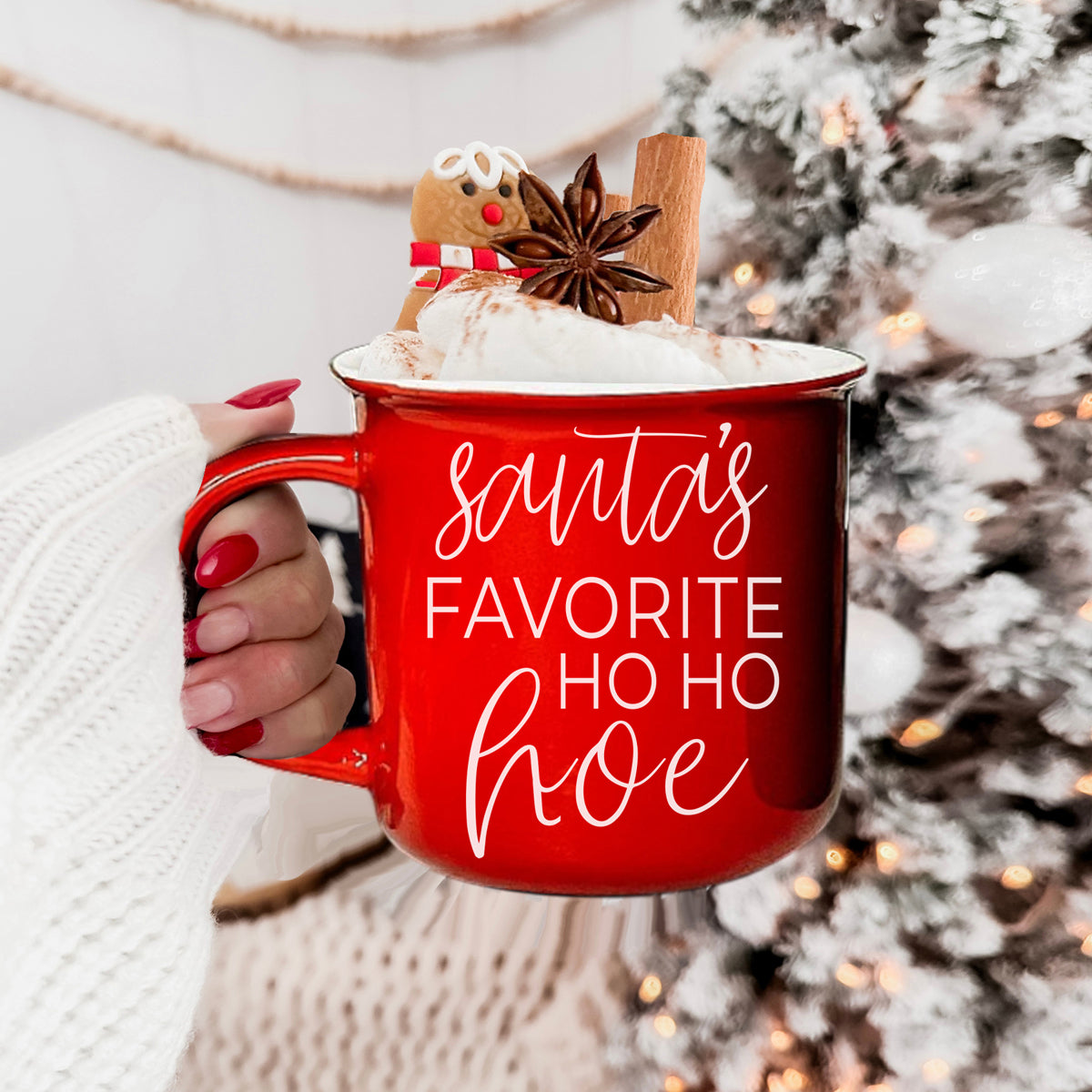 Gia Roma Ho Ho Mug red ceramic coffee mug with white script Santa's Favorite Ho Ho Ho on Tampa Home & Garden Store
