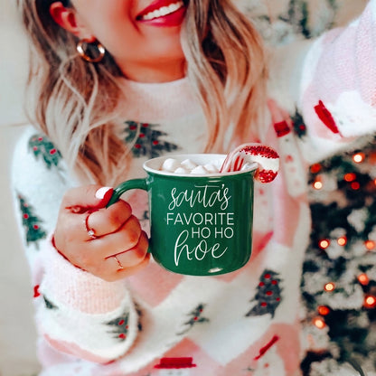 Gia Roma Ho Ho Hoe mug, green ceramic coffee mug with marshmallows and candy cane on Tampa Home & Garden Store