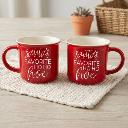 Ho Ho Hoe Mug by Gia Roma, red ceramic coffee mugs set of 2 with white script on Tampa Home & Garden Store