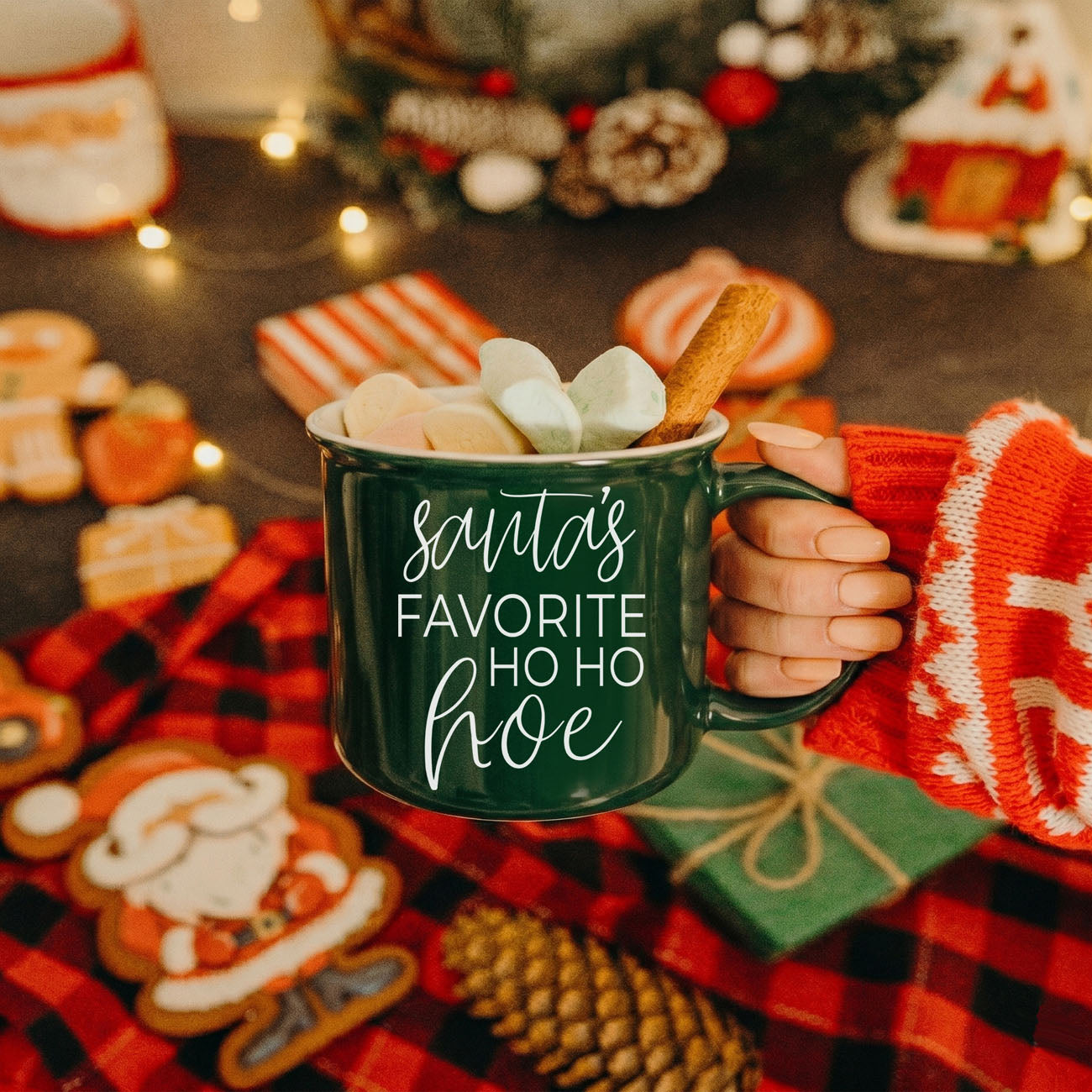 Ho Ho Hoe Mug by Gia Roma, green mug with marshmallows and cinnamon stick on Tampa Home & Garden Store