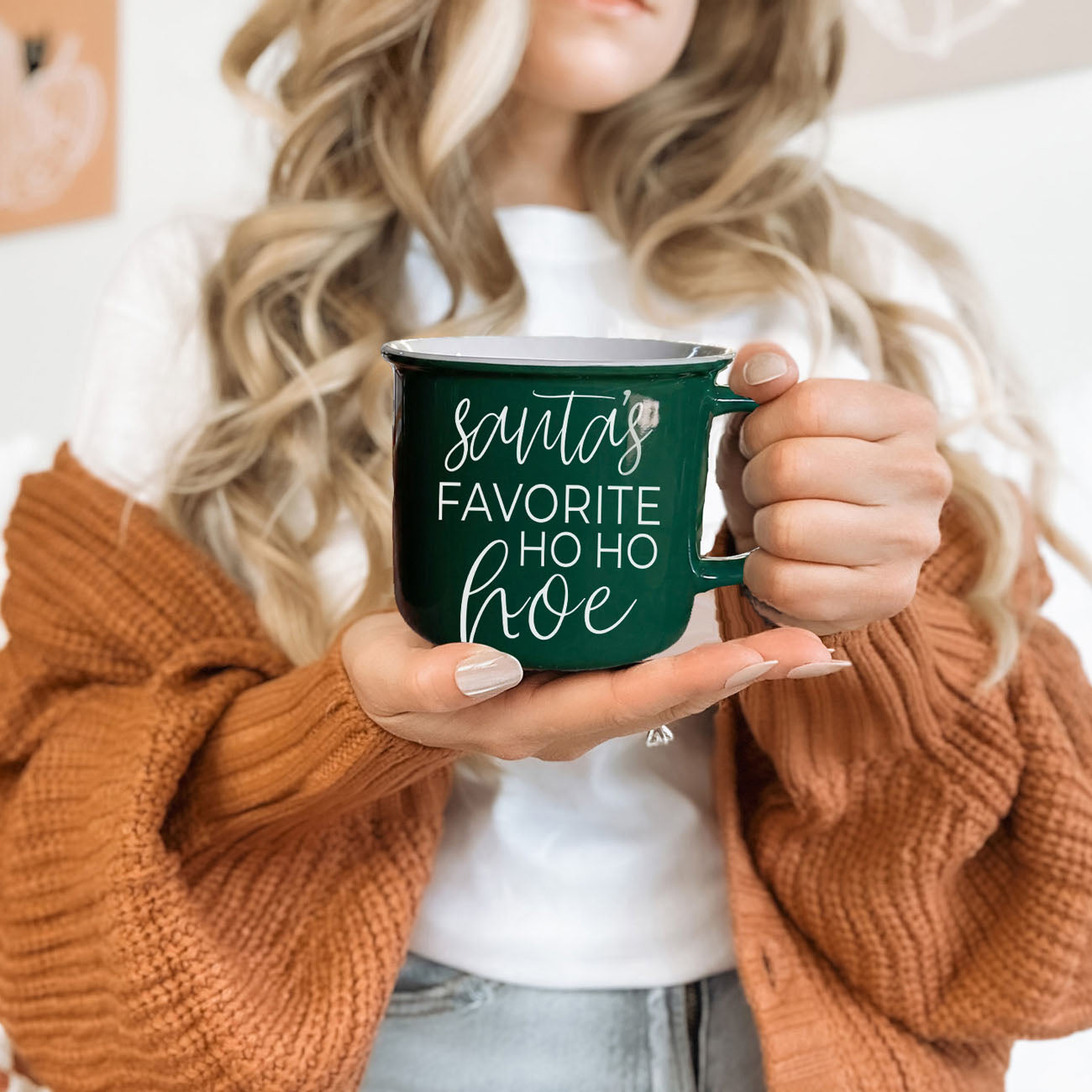 Ho Ho Hoe mug by Gia Roma, dark green ceramic coffee mug with white script text on Tampa Home & Garden Store