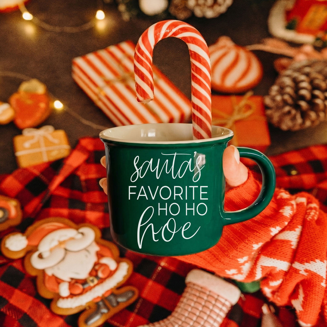 Ho Ho Hoe Mug green ceramic mug with script Santa's Favorite Ho Ho Hoe and candy cane on Tampa Home & Garden Store