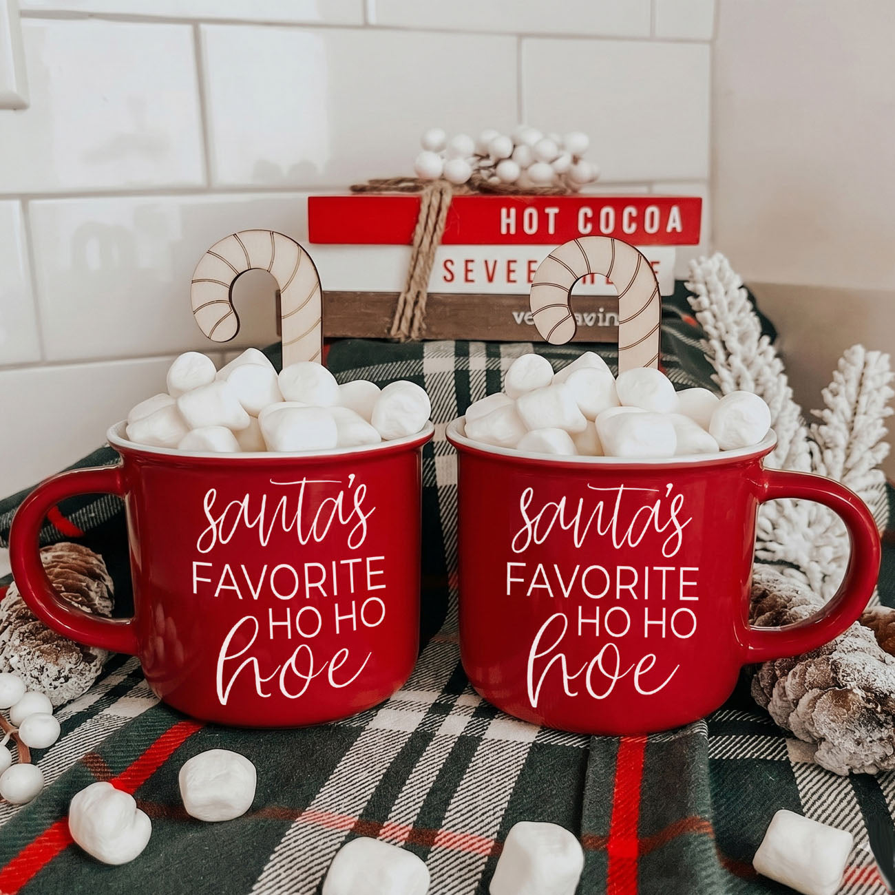 Ho Ho Hoe mugs by Gia Roma, red ceramic coffee mugs, pair filled with white marshmallows on Tampa Home & Garden Store